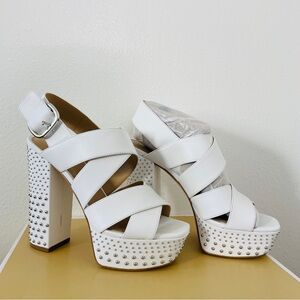 NIB Michael Kors White Studded Mila Leather Platform Sandal Heels